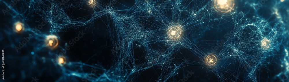 Poster 3d visualization of interconnected user icons with lines and digital connections on a dark blue back