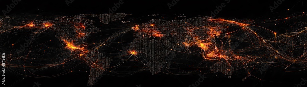Poster 3d visualization of telecommunication networks on a pixel world map, with digital dots and lines on 