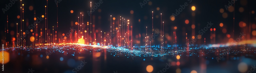 Poster 3d visualization of telecommunication networks on a pixel world map, with digital dots and lines on 