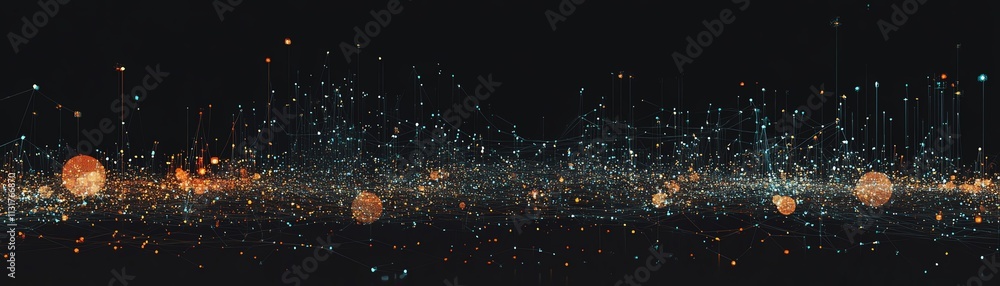 Poster 3d visualization of telecommunication networks on a pixel world map, with digital dots and lines on 