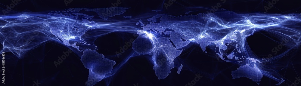 Poster 3d visualization of telecommunication networks on a pixel world map, with digital dots and lines on 