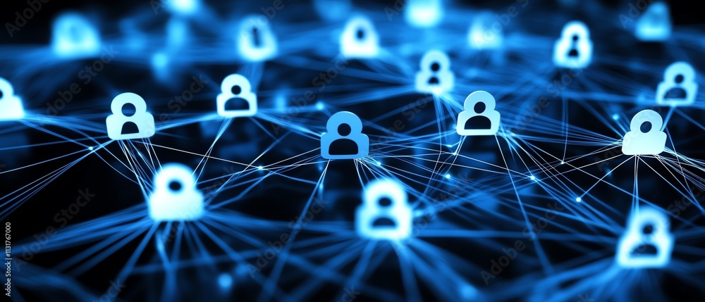 Poster Abstract dark blue background with glowing digital symbols linked by lines in 3D, showcasing social networking technologies