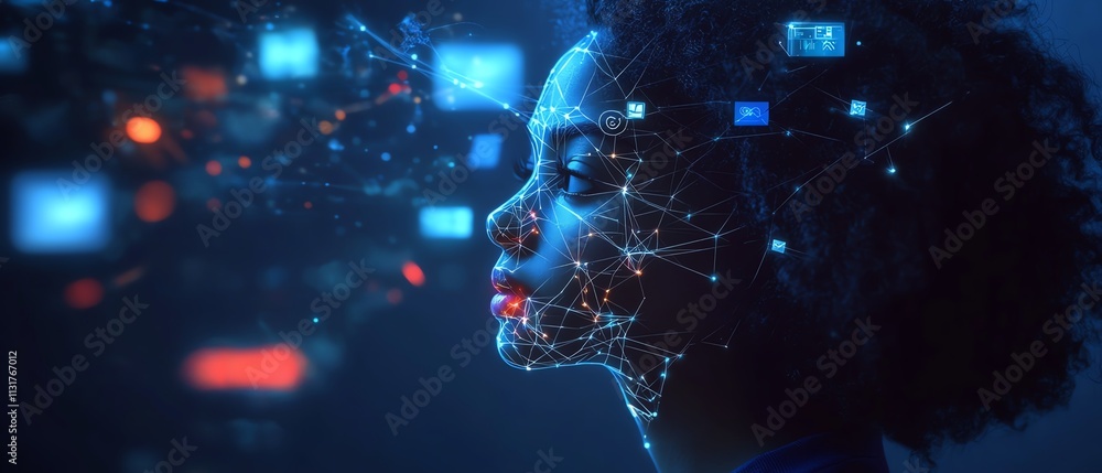 Poster abstract dark blue background with glowing digital symbols linked by lines in 3d, showcasing social 