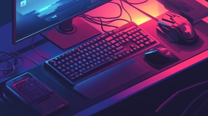 Neon-lit gamer desktop setup with keyboard, mouse, monitor, and headset.