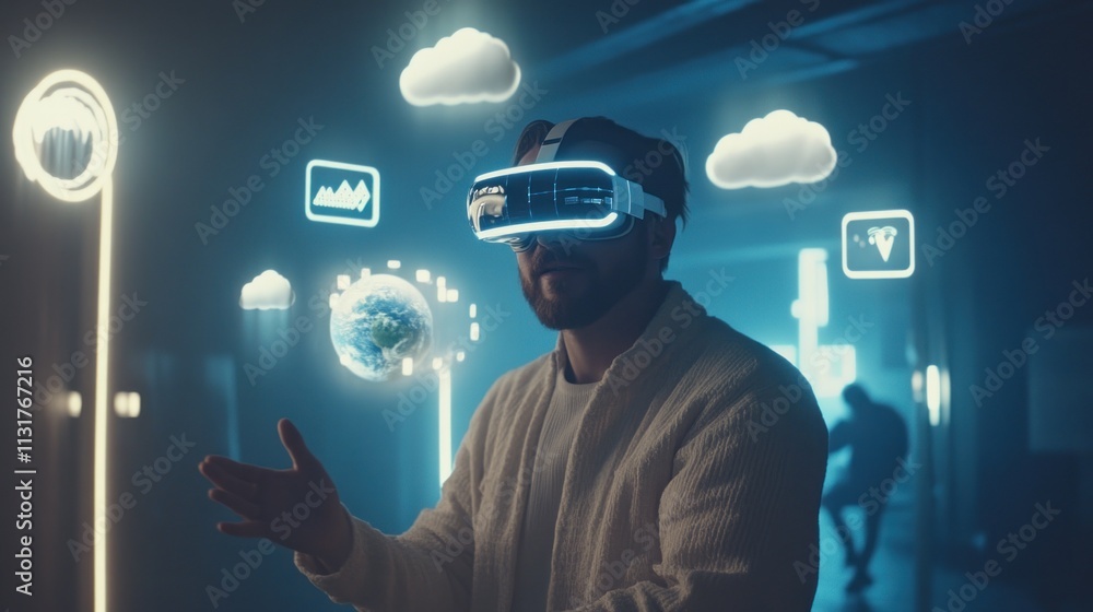 Poster man in vr headset interacts with holographic data.