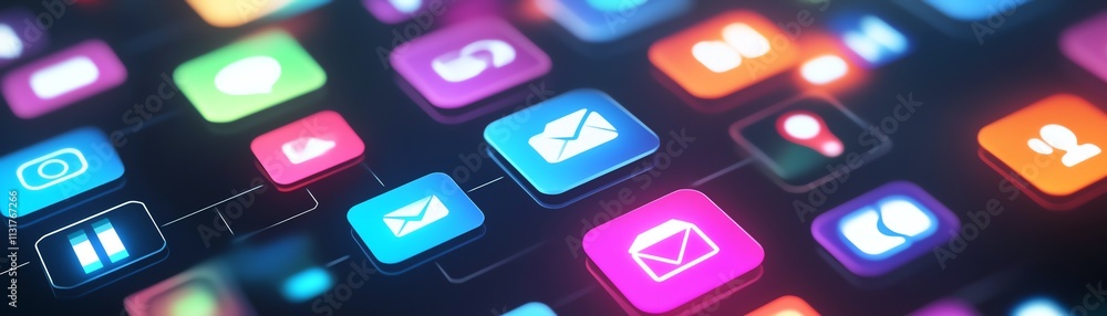 Aufkleber bright digital cloud icon with floating social symbols on a dark background, representing innovative