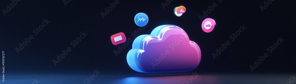 Poster bright digital cloud icon with floating social symbols on a dark background, representing innovative