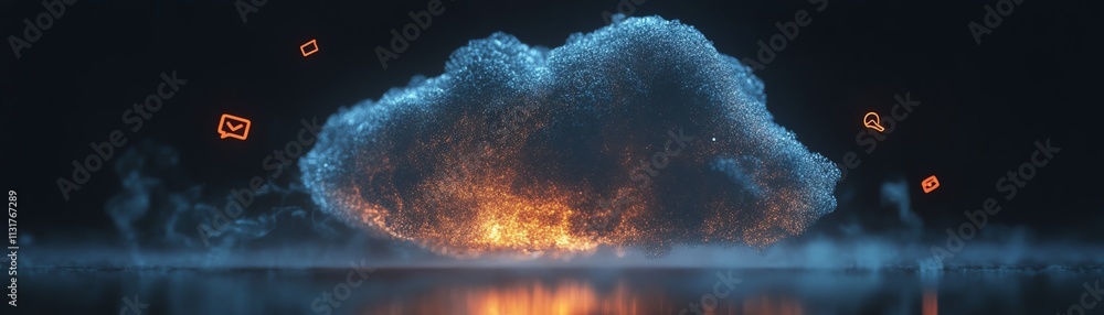 Aufkleber bright digital cloud icon with floating social symbols on a dark background, representing innovative