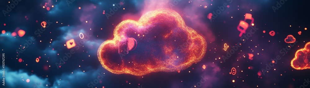 Poster bright digital cloud icon with floating social symbols on a dark background, representing innovative