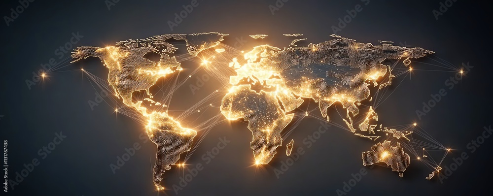 Poster digital telecommunication world map with interconnected lines and dots on a pixelated map, set on a 