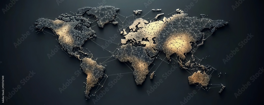 Poster digital telecommunication world map with interconnected lines and dots on a pixelated map, set on a 