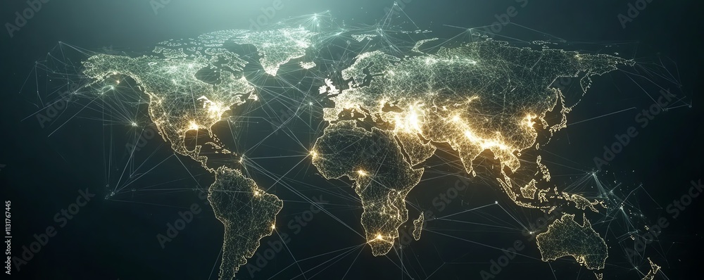 Poster digital telecommunication world map with interconnected lines and dots on a pixelated map, set on a 