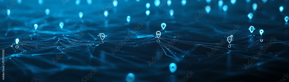 Poster futuristic 3d digital graphic user symbols connected with glowing lines on an abstract dark blue bac