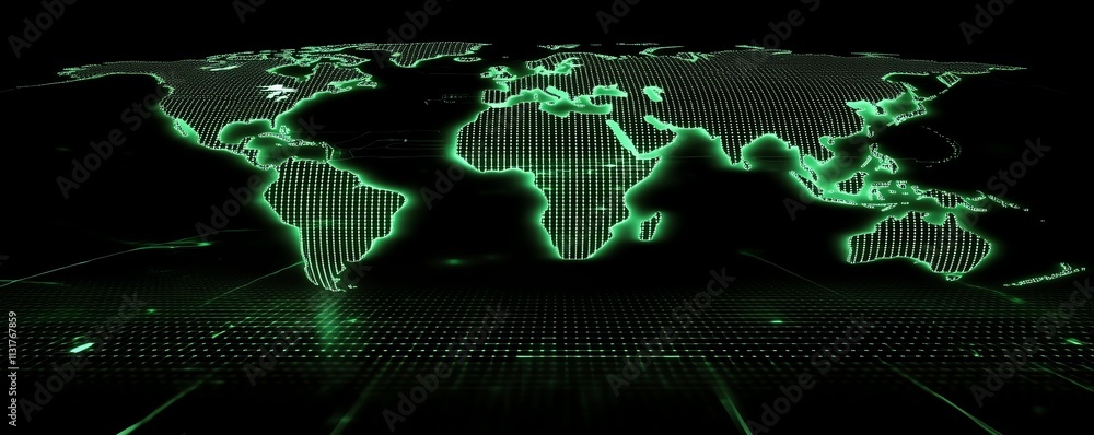 Poster futuristic telecommunication world map with glowing digital dots and lines on a pixel world map, dis