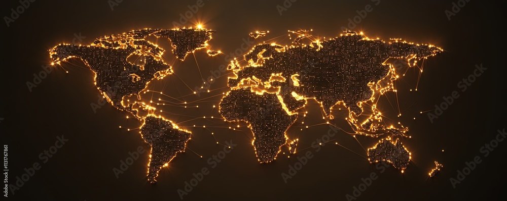 Poster futuristic telecommunication world map with glowing digital dots and lines on a pixel world map, dis