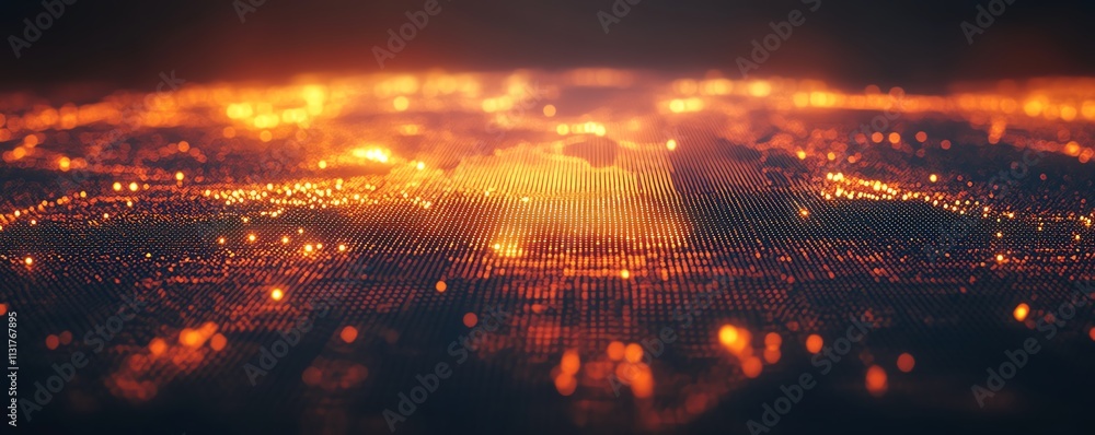 Poster futuristic telecommunication world map with glowing digital dots and lines on a pixel world map, dis