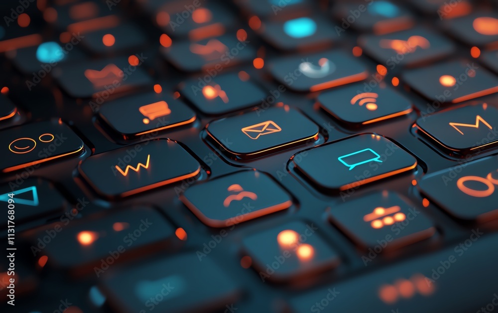 Poster laptop keyboard with interconnected network lines and floating speech bubbles, symbolizing technolog