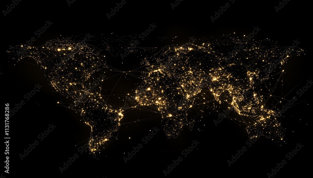 Poster pixel world map with digital telecommunication lines and dots on a dark background, representing glo