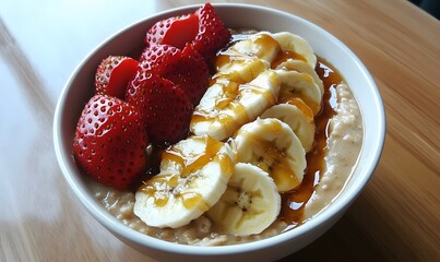 Oatmeal Delight: A bowl of creamy oatmeal topped with fresh strawberries and sliced bananas, drizzled with a sweet and golden honey glaze.  A perfect healthy breakfast or snack.