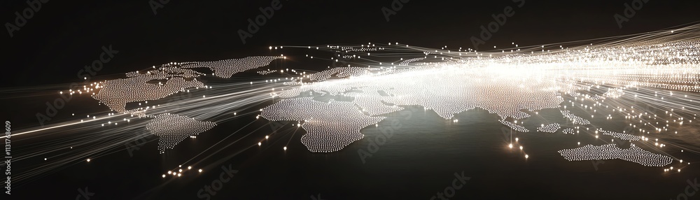 Poster telecommunication networks represented by glowing dots and lines on a pixel world map, displayed on 