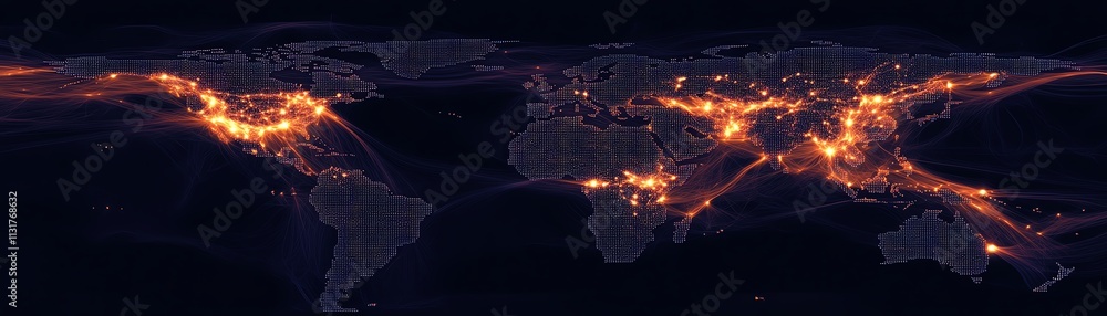 Poster telecommunication networks represented by glowing dots and lines on a pixel world map, displayed on 