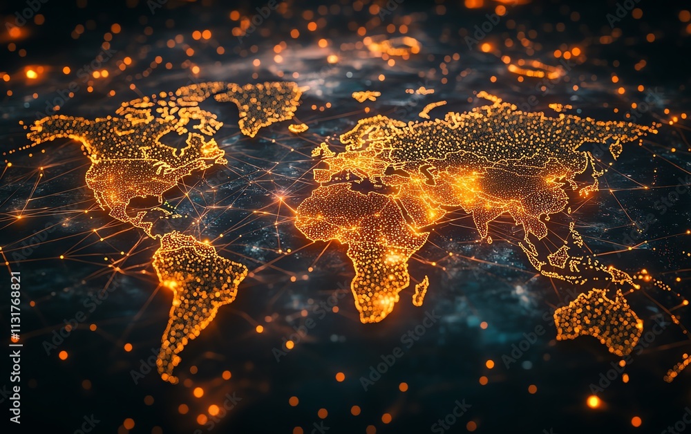 Poster 3d pixel world map with digital dots and interconnected lines, representing telecommunication networ