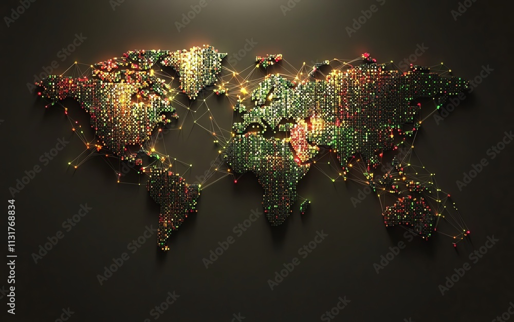 Poster 3d pixel world map with digital dots and interconnected lines, representing telecommunication networ
