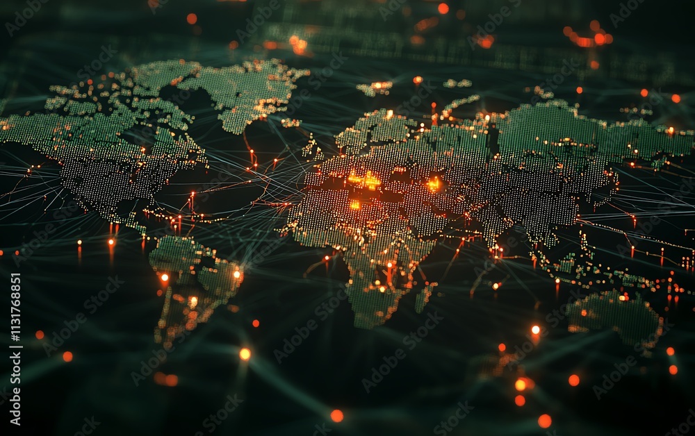Poster 3d pixel world map with digital dots and interconnected lines, representing telecommunication networ