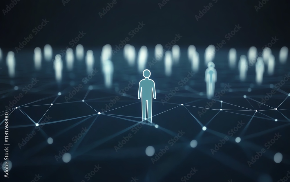 Poster 3d rendered digital graphic user icons linked by lines in a social network concept on a dark blue ab