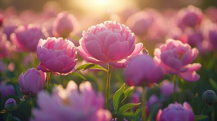 Obraz premium Pink peony flowers bloom in a field at golden hour. Sunlight highlights blossoms.