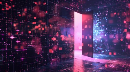Bright pink and purple lights illuminating a futuristic cyberspace room with an open door leading to a stream of big data, creating a mesmerizing visual representation of digital information flow