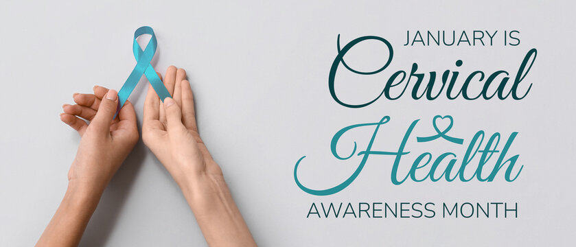 Female hands and pink ribbon on grey background, closeup. Breast cancer awareness concept - Powered by Adobe