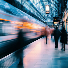 Blurred passengers stand at a railway station with defocused trains in the background, capturing a sense of motion and travel in the bustling urban setting. 