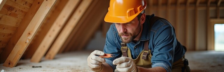 Pest control specialist examines attic for termites. Focused professional inspects wooden beams. Specialist wears safety gear. Interior of unfinished house. Possible home improvement pest control
