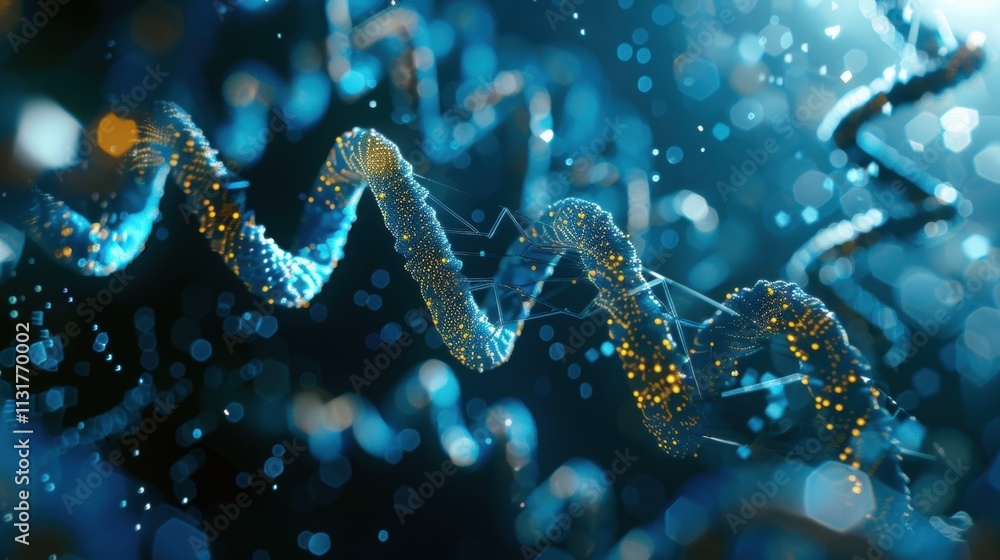 Poster digital data forming a dna chain rotating in a virtual space with big data flowing around, represent