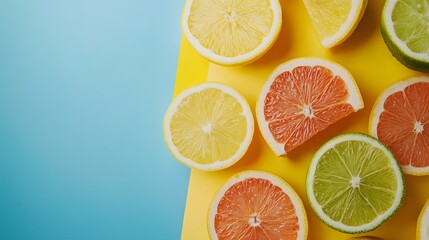 Fototapeta premium Colorful Citrus Fruit Slices on Yellow and Blue Background