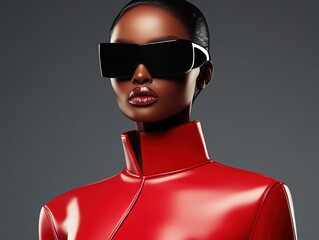 Futuristic fashion showcase featuring sleek red ensemble and bold sunglasses in a modern setting