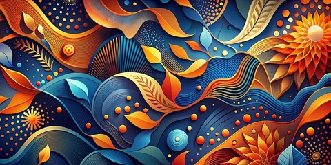 Naklejka premium Abstract Tapestry of Intertwining Lines and Shapes with Layered Floral Motifs in Vibrant Hues of Blue and Orange