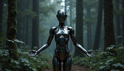 Fototapeta premium Metallic humanoid figure stands in dark forest. Open arms embrace nature. Futuristic design blends with eco elements. Silent explorer in mysterious woods. Tech meets nature. Potential for