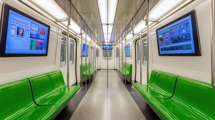 Obraz premium Empty modern subway car with green seats and digital screens.