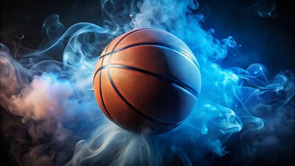 Fototapeta premium A lone basketball suspended in a swirling vortex of blue and white smoke, a moment of anticipation before the game begins.