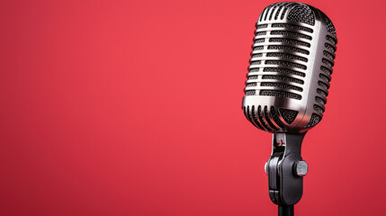 Fototapeta premium A vintage microphone stands against a vibrant red backdrop, highlighting its classic design and capturing the essence of music and performance.