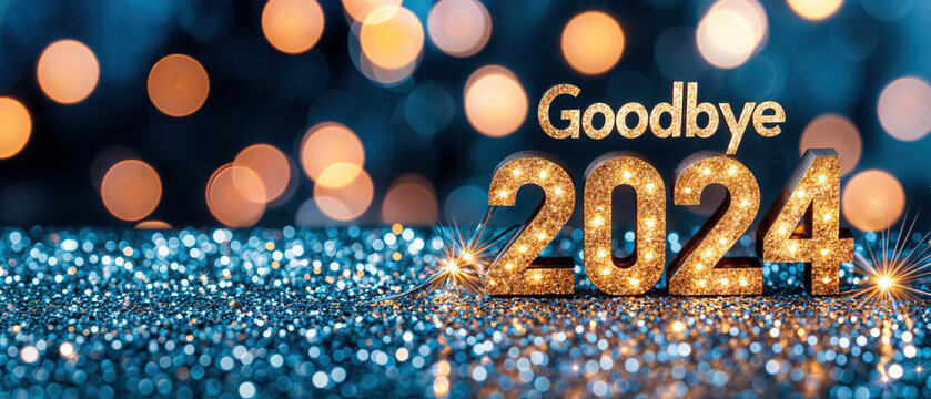 A sparkling farewell to 2024, featuring a decorative "Goodbye" sign amidst shimmering lights and a glittering background.