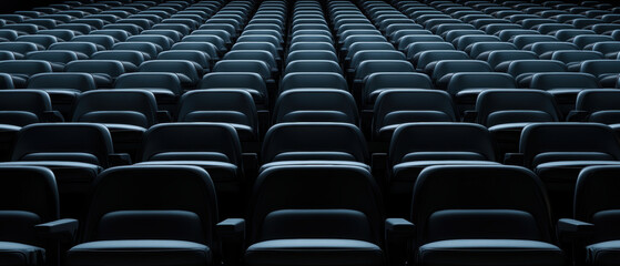 Obraz premium Empty lecture hall with rows of black seats creating symmetrical