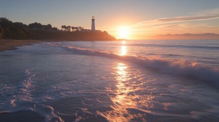 Serene Sunset at Coastal Lighthouse Scene