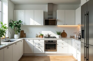Modern white kitchen boasts stainless steel appliances, rich indoor plants. Sunlight streams in creating bright, airy feel. Kitchen elegant design with clean lines. Fresh herbs, spices in small pots,
