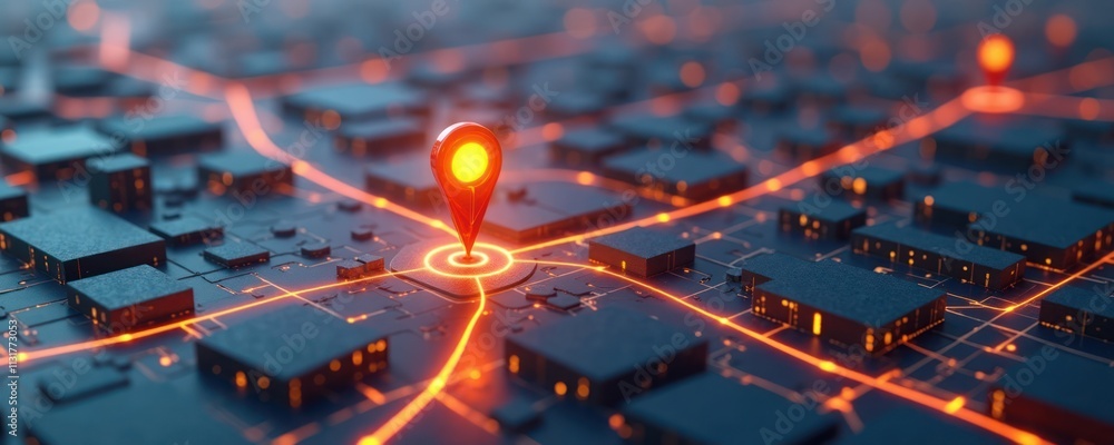 Poster futuristic city map shows glowing location pin marking destination. techy urban landscape represente