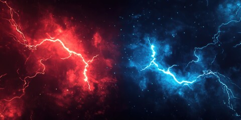 Clash of Elements: Fiery Red and Icy Blue Lightning Bolts in a Cosmic Dance of Energy and Power