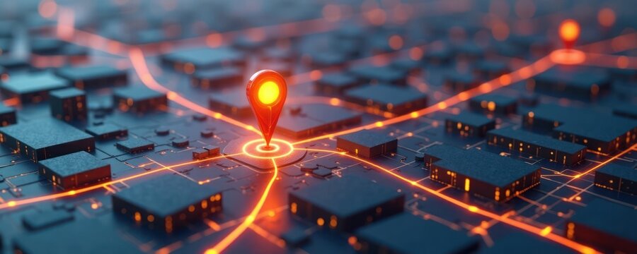 Futuristic city map shows glowing location pin marking destination. Techy urban landscape represented by dark blocks connected by luminous lines. Glowing pin highlights techy navigation system.
