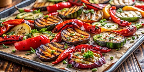 Fototapeta premium A Colorful Display of Grilled Vegetables, Roasted to Perfection, Featuring Aromatic Herbs and a Rustic Wooden Background